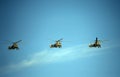 Shock-and-combat helicopters Mi-24P during the parade fly in the sky over Red Square.